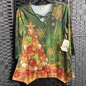 NWT ONE WORLD Womens Christmas Tree  Festive Tunic Scoop Neck SZ PM